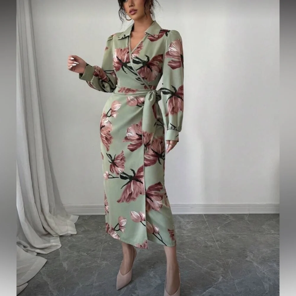 Floral Wrap Dress in Green and Pink